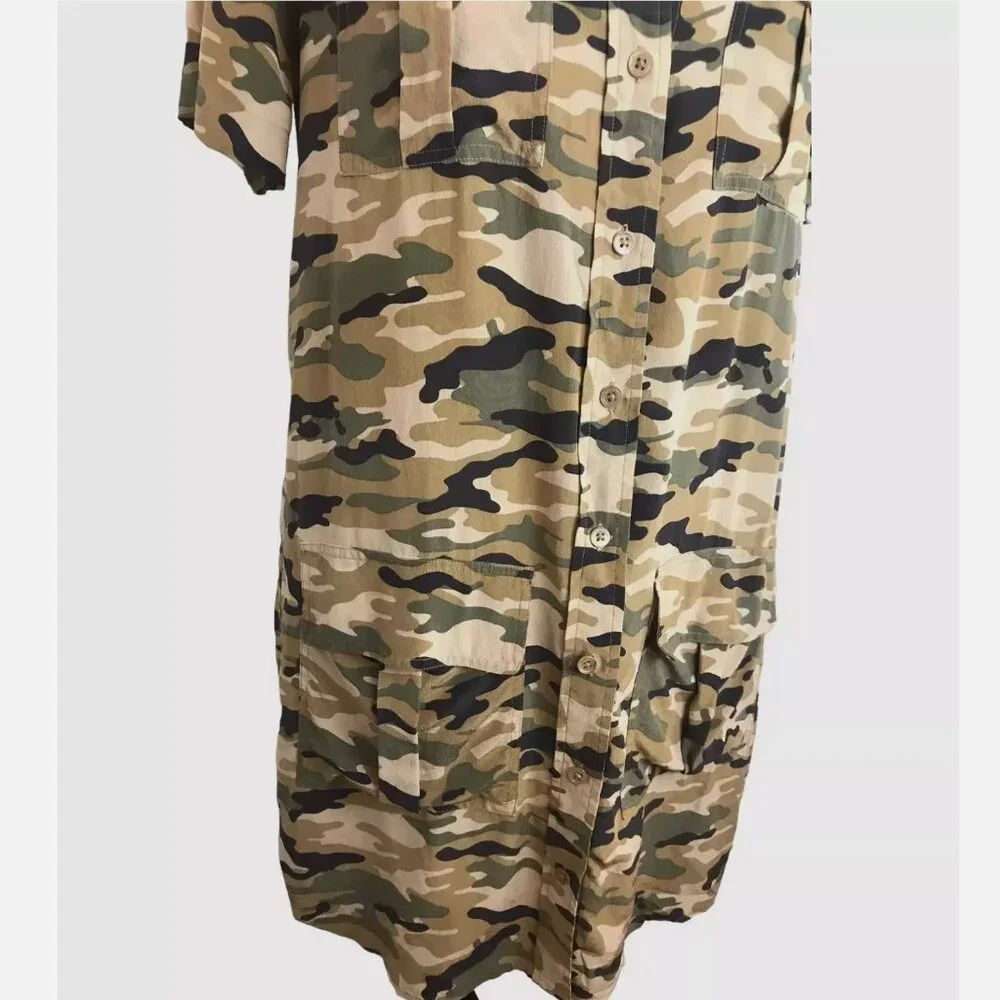 Equipment Femme 100% Silk Shirt Dress Remy Utility Pockets Camo Camouflage Small - Picture 6 of 11